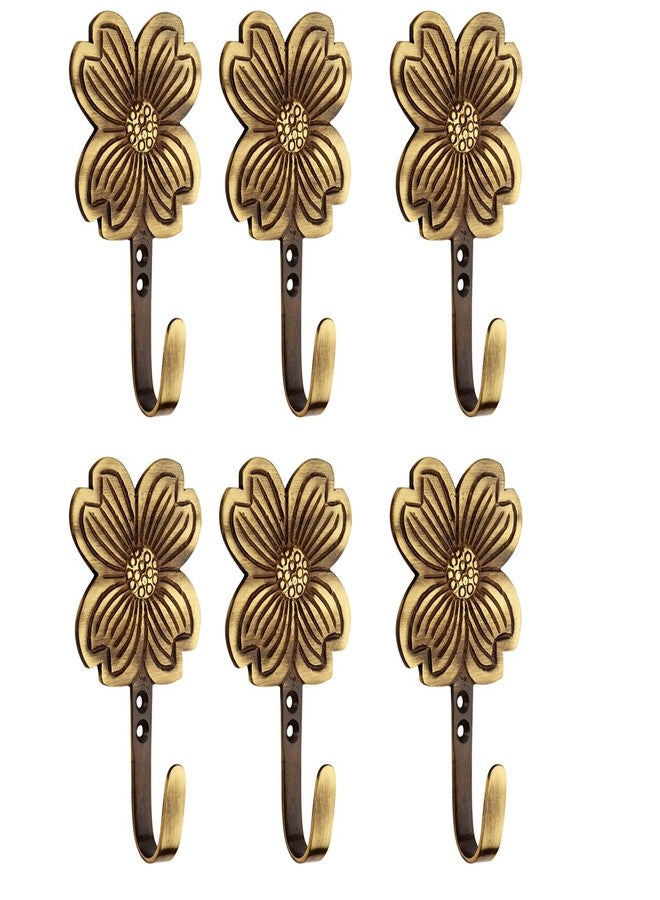 HOBKNOBS (Set of 6 Flower Antique Brass Multipurpose Wall/Wooden Mounted Hook Hanger - Goldish Brown.. - Image 1